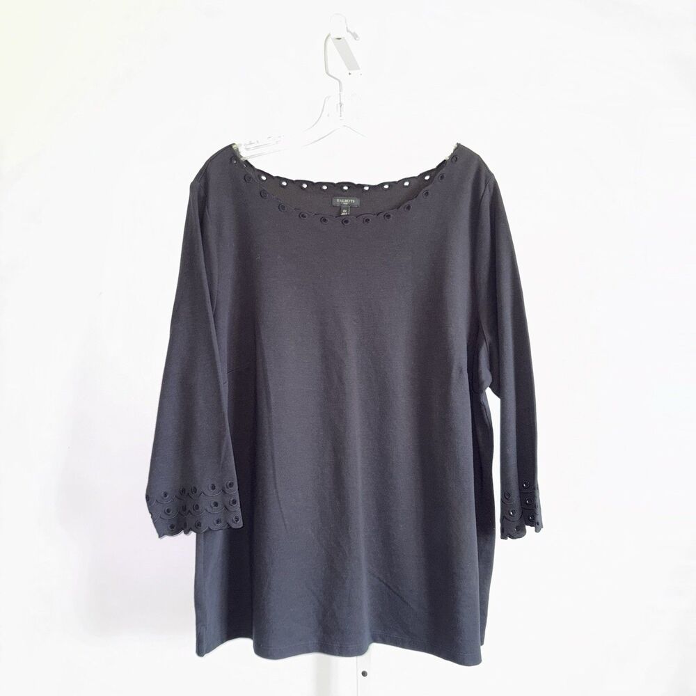 Talbots Black Eyelet Scalloped Neck Top Women's Plus Size 2X Cotton 3/4 Sleeve